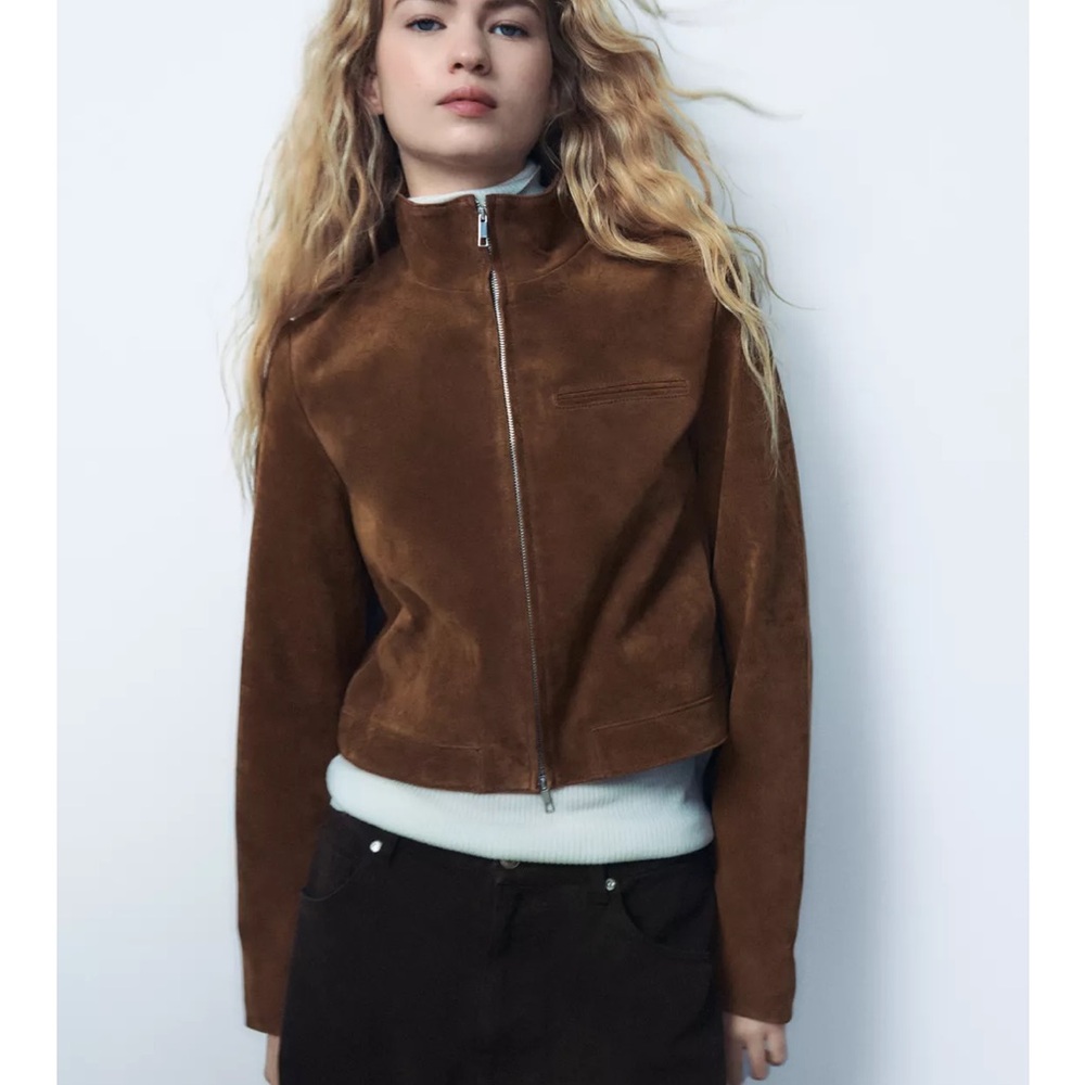 Zara Brown Suede Leather Zip-Front Jacket